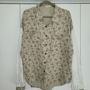 POL Med- Sage Green With Delicate Floral Print, Cream Crocheted Sleeves